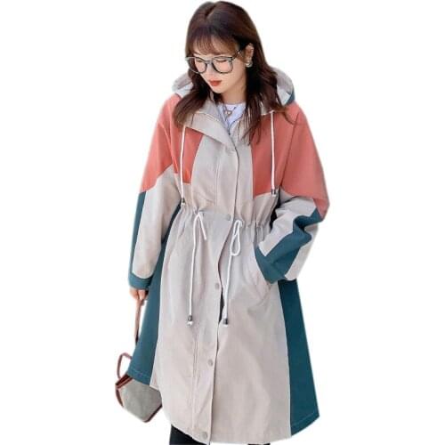 Oversize Spring Autumn Trench Coat Women Splice Colour Hooded Windbreaker Plus Size 4XL Loose Long Outerwear Casual Tops KW164