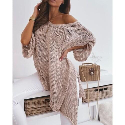 2021 Spring Autumn Solid Color Drop Shoulder Open Knit Long Sleeve Casual Loose Sweater Ladies Blouse Loungewear Tops Long Tunic