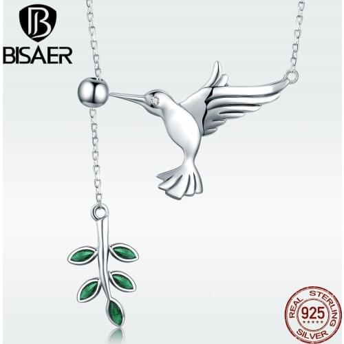 925 Sterling Silver Migratory Hummingbirds Birds Greetings Green Leaves Pendant Necklaces for Women Sterling Silver Jewelry