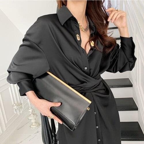 French style elegant lapel shirt dress women cross up split single breasted lantern sleeve ol dress