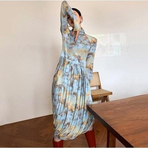 2021 Women High-neck Dress New Gradient Cloud Blue Stretch Pleated Design Printed Dress Office Lady Long Sleeve Elegant Dress