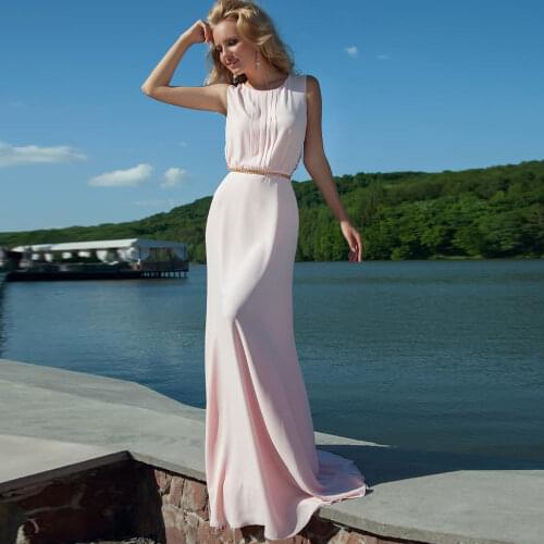 Pink Mermaid / Trumpet Chiffon Jewel Sweep Floor length Applique Sleeveless Button Fold\Ruffle Evening Dresses Belt Bows