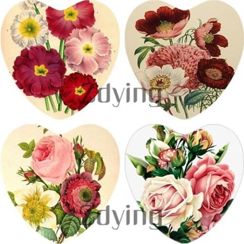10pcs 25mm Heart ShapeVintage Retro Flowers Rose Glass Cabochon Beads Demo Flat Back DIY Jewelry Findings For Keychain Brooch