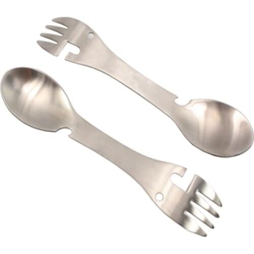 50pcs Stainless steel multi-function fork spoon bottle opener can opener outdoor camping portable tableware fork spoon