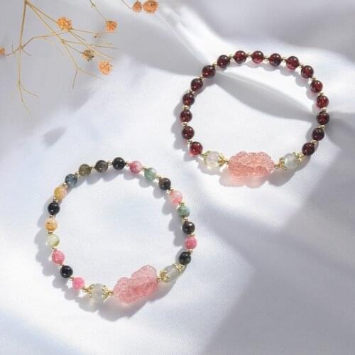 Lucky Animal Strawberry Crystal Multicolor Natural Tourmaline Garnet Moonstone Beaded Bracelets for Women Fine Jewelry YBR549