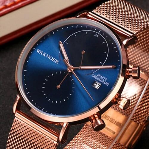 WAKNOER Top Brand Luxury Watch Men Wristwatch Mesh Band Mens Watches Date Display Quartz Watches Man Fashion Casual Clock 2021