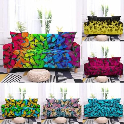 Color Butterfly Elasticated Sofa Cover for Living Room 1/2/3/4 Seaters Couch Corner Slipcover Furniture Sofa L-shape Protector