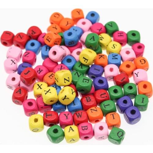 CHONGAI 100Pcs Wood Spacer Beads Mixed Color Letters Print Cube Random Mixed Beads For Jewelry Making 8mm