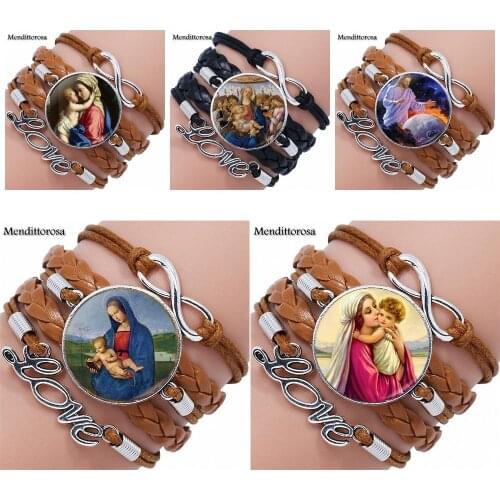 For Women Chain Necklace Jewellery Virgin Mary Vintage Jewelry With Multilayer Black/Brown Leather Bracelet Bangle