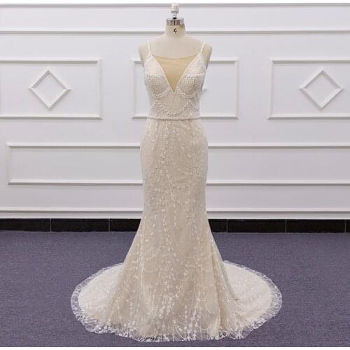 Eslieb Sexy Deep V-Neckline Backless Mermaid Wedding Dresses 2020 Spaghetti Straps Bride Dress Romantic Vestido De Noiva WY9008