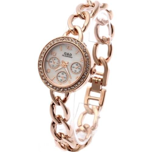G&D Rose Gold Women Quartz Wristwatches Stainless Steel Rhinestone Top Brand Luxury Womens Dress Watch Gifts Relogio Feminino