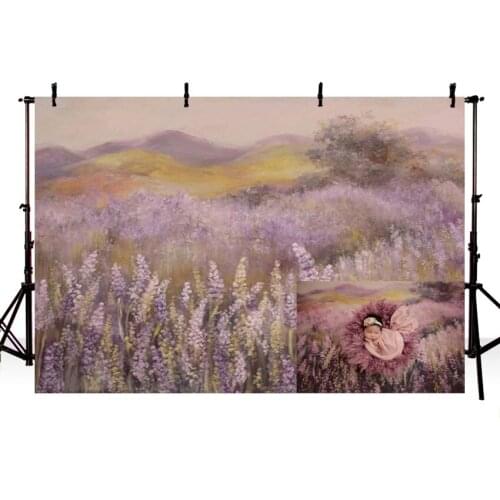 Oil Painting Lavender Field Newborn Baby Shower Backdrop Printed Mountains Tree Light Purple Watercolor Photo Shoot Backgrounds