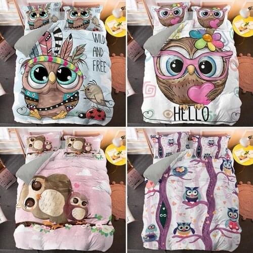 3d Cartoon Bedding Set Cute Duvet Cover Sets Pink Owl Bed Linen Bedclothes For Girl Kids Bedroom Set Queen Dropshipping