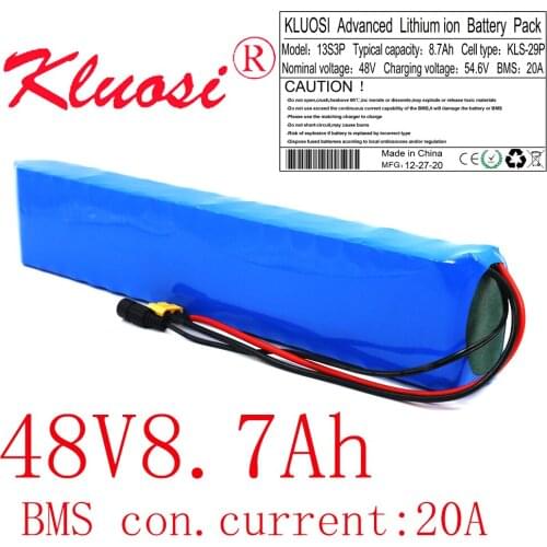 KLUOSI 48V 8.7Ah 8Ah 13S3P 250W 450W 500W 750W 54.6V Lithium Rechargeable Battery Pack Built-in 20A BMS for Scooter Ebike Motor