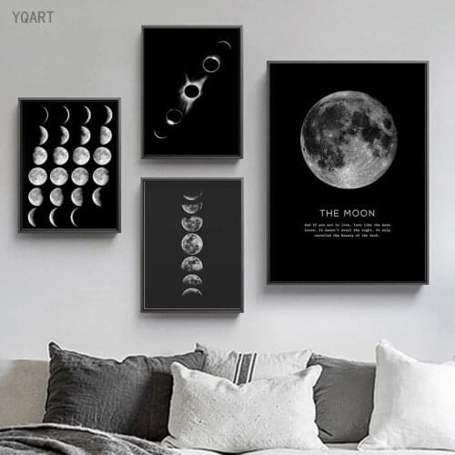Minimalist Full Moon Poster Print on Canvas Black White Moon Phases Solar System Painting Picture for Home Living Room Decor