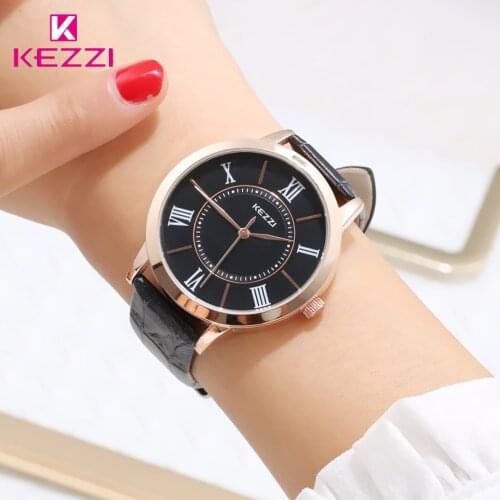 Kezzi Brand Men Women Quartz Wrist Watch Simple Roman Dial Leather Lovers' Dress Business Watches For Couples With Gifr Box