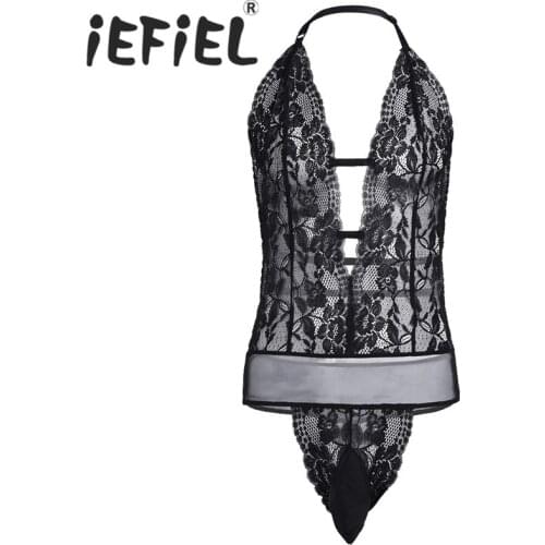 IEFiEL New Arrival Sexy Mens Lingerie Halter Backless See Through Lace Floral Sissy Pouch Bodysuit Jumpsuit Nightwear Sleepwear