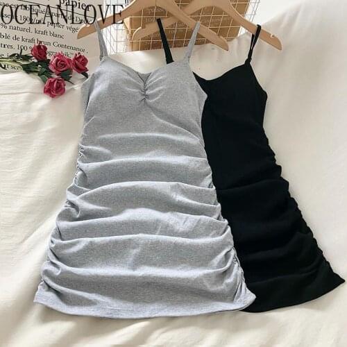 OCEANLOVE Pleated Solid Sexy Vestidos Sleeveless Casual Summer V Neck Robe Femmea-line Bodycon Fashion Retro Women Dresses
