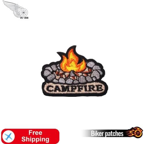 Camping Rock Fire Embroidered Iron on Patches for Clothing Biker Punk Badges Stripes Sewing On Garment Cool Jackets Accessories