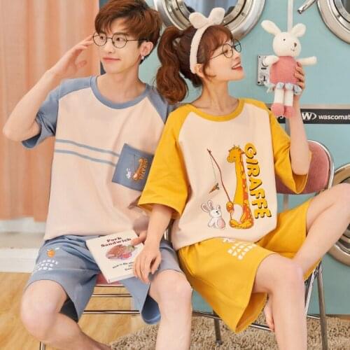 Couple Leisure Short Sleeve Pajamas Sets Summer O-neck Cotton Loungewear Funny Giraffe Print Cartoon Lovers Plus Size Sleepwear