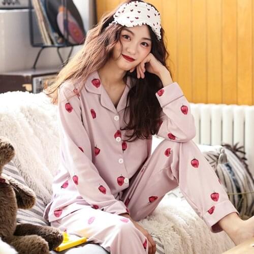 Pajama Cotton Sleeping Wear Women Set 2 Piece Pajamas Long Sleeve Trousers Autumn Pyjamas Home Wear Women Pink Lady Night Suit