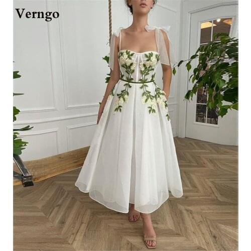 Verngo 2021 White A Line Evening Dresses With Tie Shoulder Straps Floral Flowers Prom Gowns Ankle Length Formal Party Dress