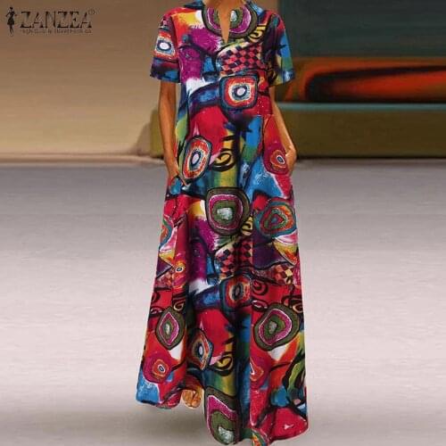 ZANZEA Bohemian Summer Women V Neck Short Sleeve Printed Sundress Casual Vintage Vestidos Loose Holiday Maxi Dress Oversized