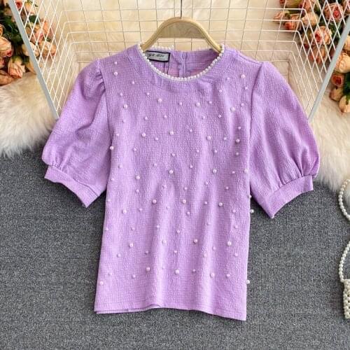 Hollow Puff Sleeve Round Neck Shirt Short-sleeved Womens Summer 2021 New Loose and Thin Blouse Foreign Style Small Shirt