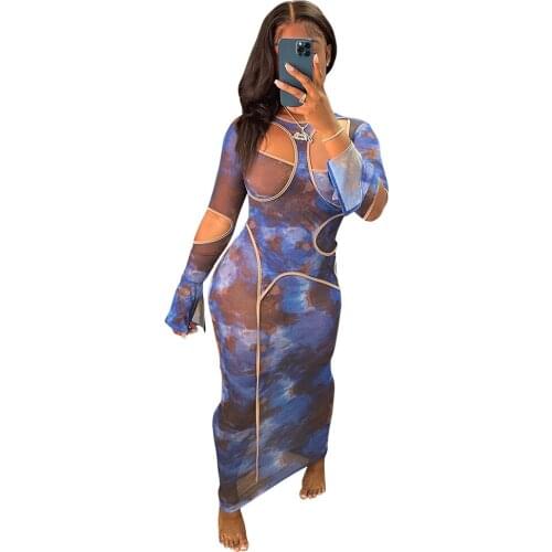 Casual Women Dress Sheer Mesg Flare Sleeve See Through Party Night Clubwear Clothes For Women Outfit