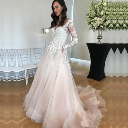 Glamorous Tulle A Line Wedding Dresses 2020 With Pockets Lace Appliques Belt Long Sleeve Wedding Gowns Vestido de Noiva