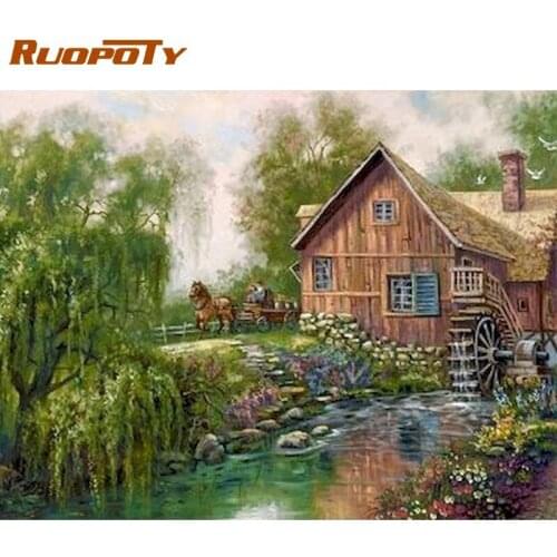 RUOPOTY Wooden House Beside River Scenery Painting By Numbers For Adults HandPainted Unique Gift Modern Home Decor Art Paints