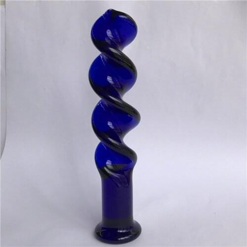 Deep Blue Spiral Shape Glass Dildo Adult Crystal Anal Butt Plug Insertion Massage G-Spot Stimulation Not Sensitive Box Shipping