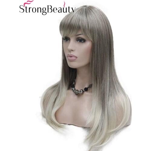 StrongBeauty Long Straight Wigs Womens Synthetic Wig Light Brown Root with Blonde Tip Dot Skin Top Hair