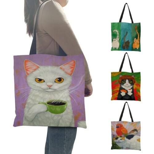 Cat Fish Art Shopping Bag Oil Painting Graphic Eco Linen Shoulder Bag Cute Harajuku Ulzzang Tote Shopper Bags for Grocerie