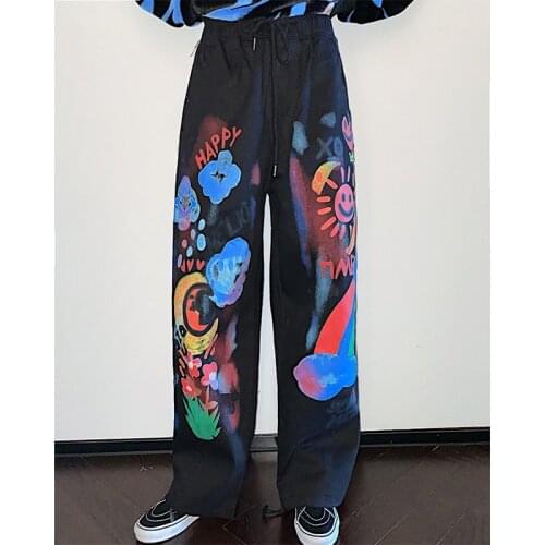 Street hip hop cartoon graffiti dad print wide leg jeans BF style straight for men and women