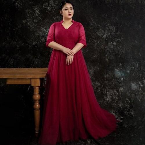Evening Dresses Burgundy Deep V-Neck Half Sleeves Women Party Dress Floor-length Crystal Bling New Plus Size Formal Gowns D439