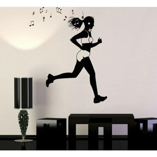 Running Girl Listen To Music Wall Stickers Vinyl Runner Sport Fitness Gym Interior Decor Wall Decals Removable Mural Poster 4672