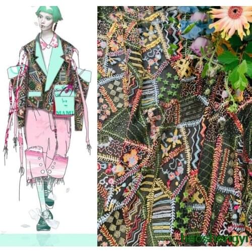 High-grade summer garden heavy industry black mesh, colorful sequins embroidered dress fashion fabric / half meter price