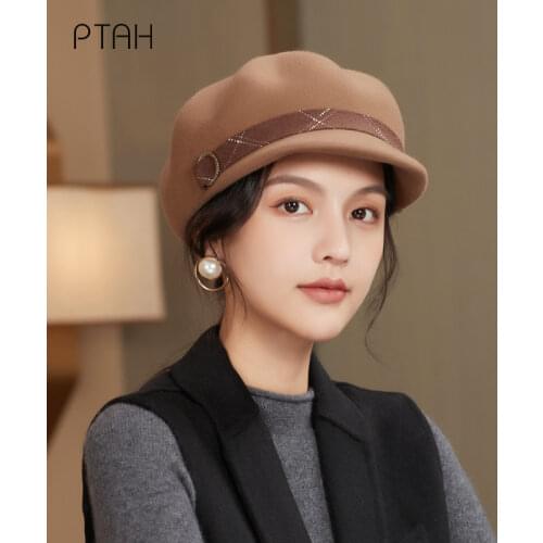 [PTAH] Wool Fedoras Hat For Women Girls 100% Australian Wool Classic British Fedoras Hat Imitation Autumn Winter Hat Temperament