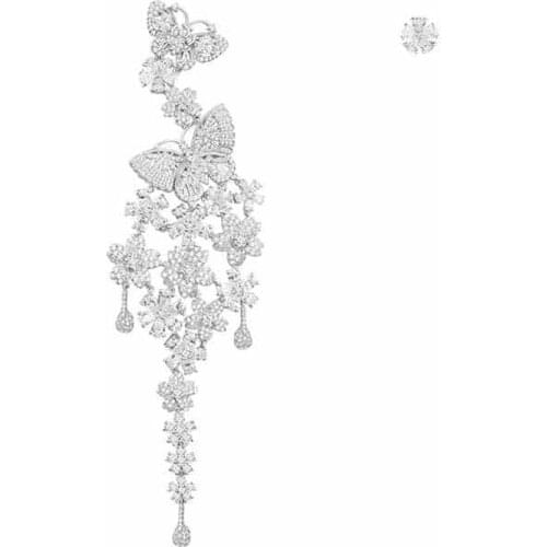 SOELLE Luxury 925 Sterling Silver Butterfly Flower Asymmetric Earring Long Tassel Cubic Zircons Earrings Women Fine Jewelry