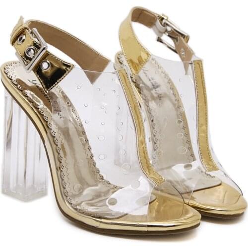 Women sandals PU Buckle Strap 12CM Thick heel High heels Round Toe Shallow women shoes sandalias mujer 2020 size 35-42 Golden