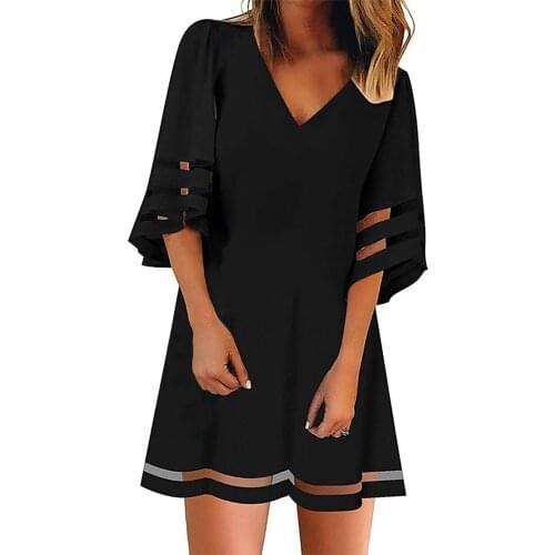 Women dresses summer 2021 Party dresses Fashion Casual V-Neck Net Yarn Flared Sleeve Solid Loose Dress midi dress