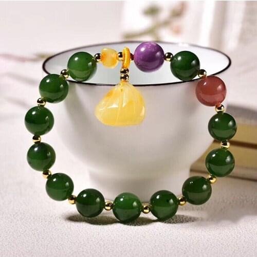 JoursNeige Green Hetian Natural Bracelet 10mm Round Beads With Yellow Charm Bracelet for Women Fresh Crystal Bracelet Jewelry