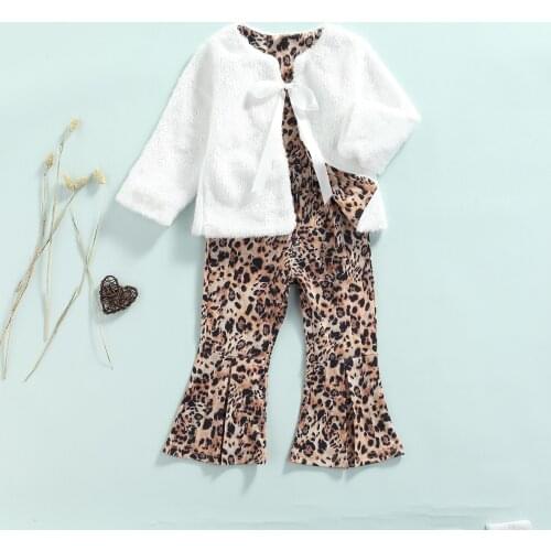 Ma&Baby 2-7Y Children Kids Girls Clothes Set Leopard Outfits Autumn Winter Plush Long Sleeve Coat Flare Pants Clothing DD43