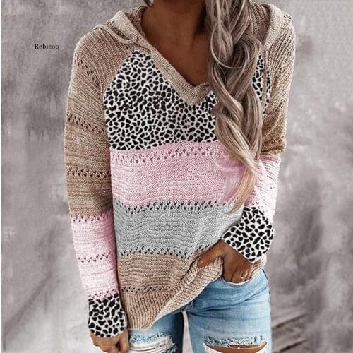 Women Zipper Hollow Out Knitted Hooded Sweater Stripe Patchwork Autumn Winter Sweater Casual V Neck Long Sleeve Pullover Sweater