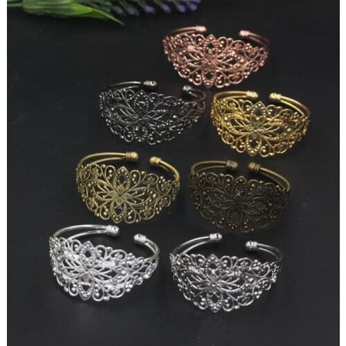 Vintage Gun Black Color Filigree Flowers Cuff Bangle Hollow Design Alloy Charm Bracelet Statement Jewelry For Women Gift Making