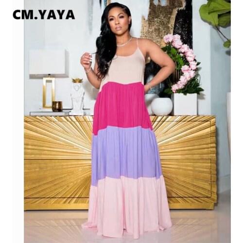 CM.YAYA Women Dress Patchwork Sleeveless Strap O-neck Loose Straight Long Maxi Dresses Casual Fashion Streetwear Summer Outfits
