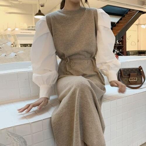 Korean Chic WomenS Sweater Dress Fall 2021 French O Neck Long Sleeves Contrast Stitching Lace-Up Waist Fake Two Knitted Dresses