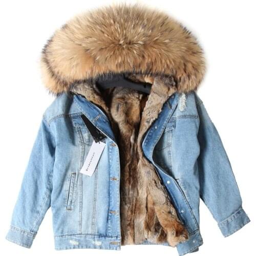 2020 Winter Jacket Women Real Fur Coat Parka Real Raccoon Collar Rex Rabbit Liner Striped Bomber Denim Jacket Streetwear