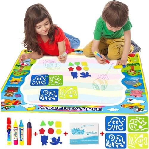 100x100cm Large Size Water Doodle Mat with Drawing Pens Brush Tools Cute Animals Reusable Carpet Magic Board Kids Painting Toys